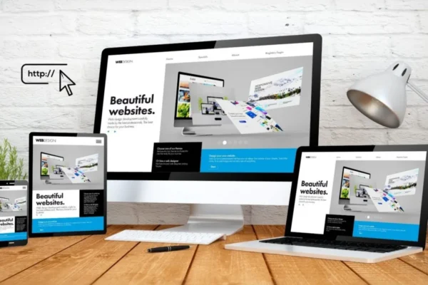 Masaüstü, dizüstü, tablet ve akıllı telefon ekranlarında responsive web tasarım örneği.