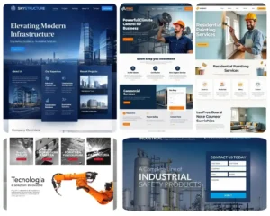 Fabrika, üretim hattı ve kurumsal web sitesi tasarımını gösteren sanayi web tasarım görseli
